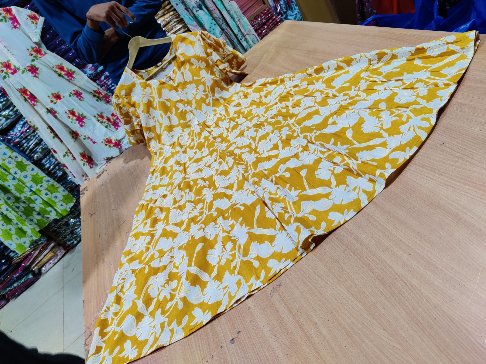 Yellow Printed Cotton Midi Gown Dress